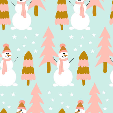 Pink christmas trees and cute snowman in a seamless pattern design