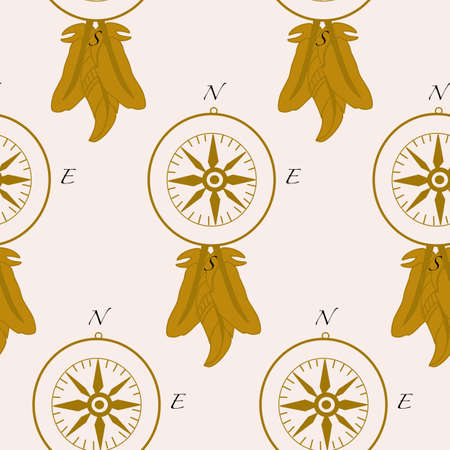 Pattern design with golden compass and elegant feathersのイラスト素材