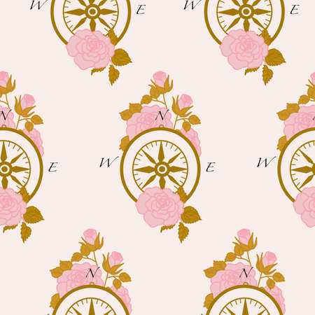 Pattern design with golden compass and pink rosesのイラスト素材