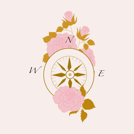 vector illustration with compass and pink rosesのイラスト素材