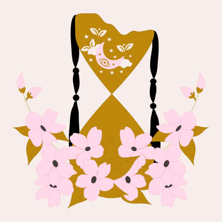 vector illustration with golden hour glass and pink flowers and moon