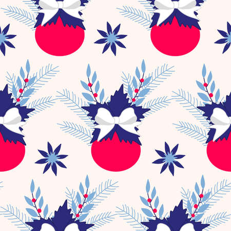 Blue christmas seamless pattern with pink decoration and flowersのイラスト素材
