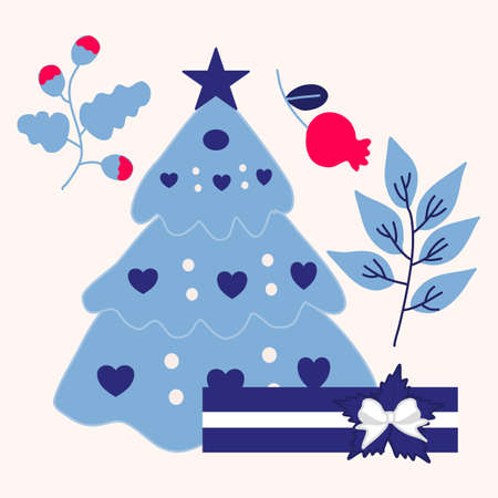 Christmas illustration with blue and white pine tree and cute flowersのイラスト素材