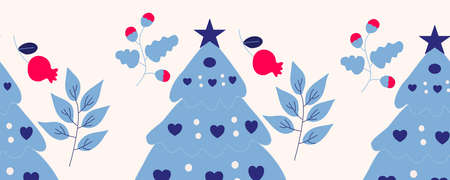 horizontal border with blue christmas tree and pink and white decorationsのイラスト素材