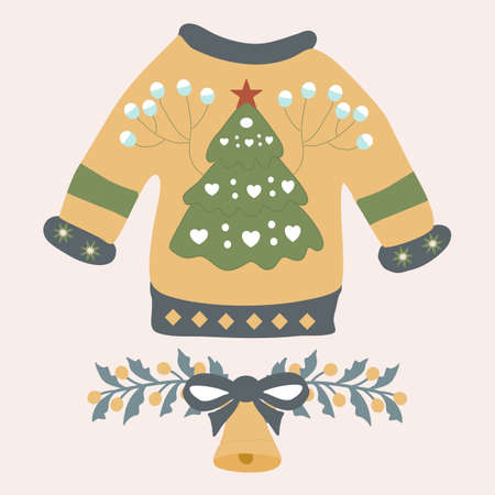 vector illustration with christmas sweater, flower wreath and bellsのイラスト素材