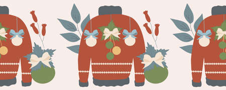 Vertical seamless boarder with christmas swaters and christmas flowers
