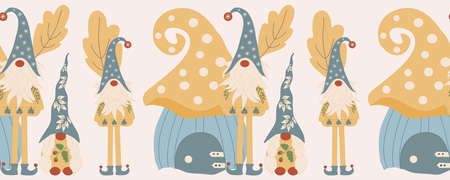 Vertical seamless boarder with cute gnomes and flowersのイラスト素材