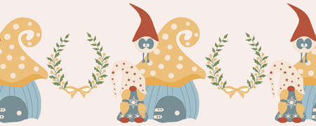 Vertical seamless boarder with cute gnomes and flowersのイラスト素材