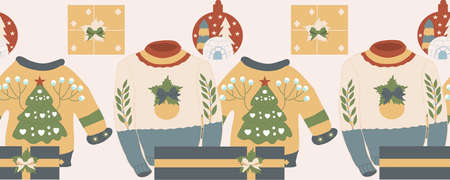 horizontal border with swaters and christmas decorationsのイラスト素材