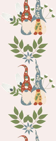 Vertical seamless boarder with cute gnomes and flowersのイラスト素材