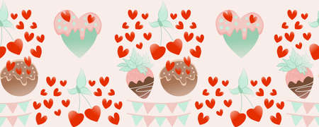 horizontal border with chocolate cakes and heartsのイラスト素材