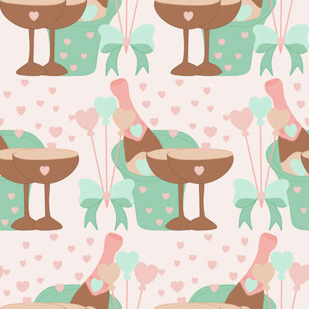 champagne glass and bottle in a seamless pattern designのイラスト素材