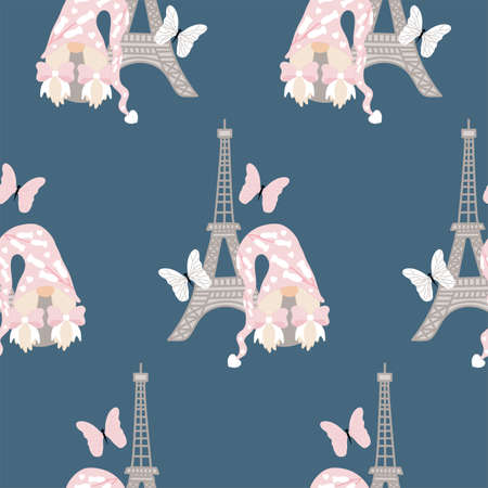 tour eiffel and cute girl gnome in a valentines pattern designのイラスト素材