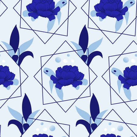 seamless pattern design with turtle and flowers and geometricsのイラスト素材