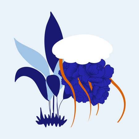 vector illustration with white jellyfish and blue maritime leavesのイラスト素材
