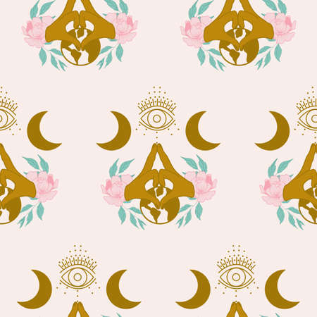 seamless pattern design with golden hands and flowers and celestial elementsのイラスト素材