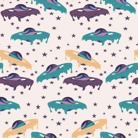 seamless pattern design with yellow, green and purple galactic planetsのイラスト素材