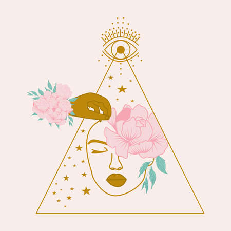 vector illustration with planets, stars, moon and womanのイラスト素材