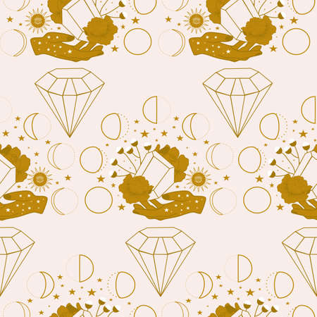 Diamond gem, golden flowers and celestial elements in a seamless pattern designのイラスト素材