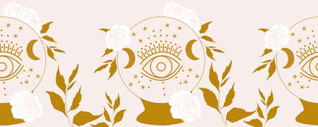 horizontal border with crystal globe, eye and white flowersのイラスト素材