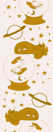 Vertical seamless border with golden woman face, crystal globe and celestialsのイラスト素材