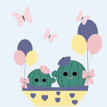 vector illustration with colorful cactus, balloons and butterfliesのイラスト素材