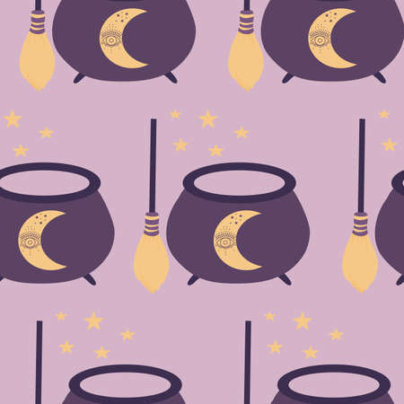 broom and cauldrom in anseamless pattern designのイラスト素材