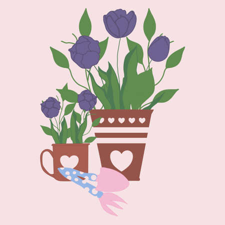 cute tulips in pots and mugs, vector illustrationのイラスト素材