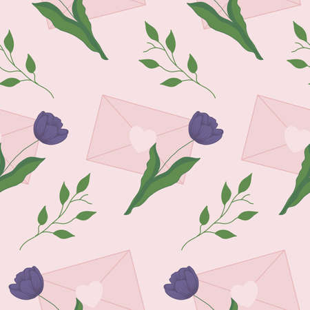 purple tulips and pink vute envelope, seamless patternのイラスト素材