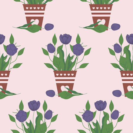 purple tulips in brown pot, seamless pattern designのイラスト素材