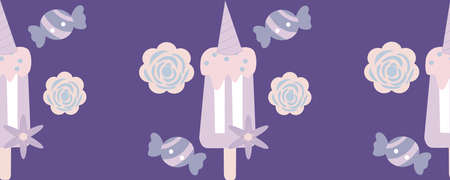 horizontal border with unicorn ice cream, sweets and flowers