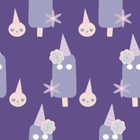 purple unicorn icecream and florals, seamless patternのイラスト素材