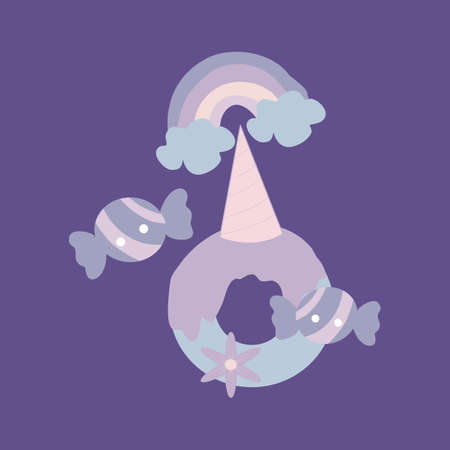 vector illustration with unicorn donut and candiesのイラスト素材