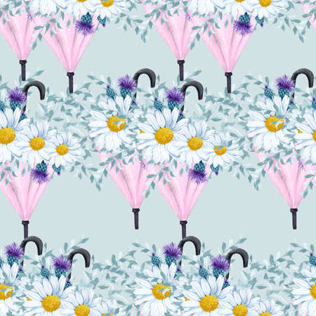 White watercolor daisy and pink umbrella, seamless patternsの写真素材