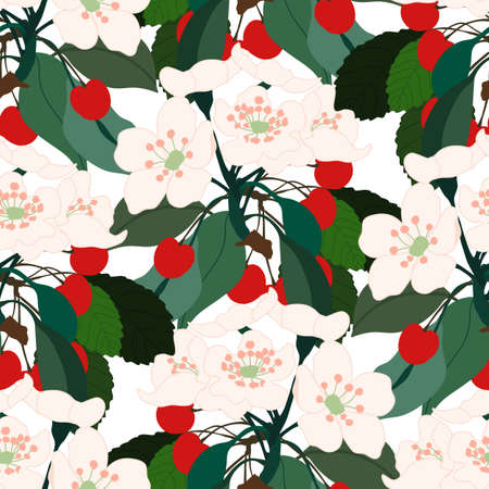 cherries and cherry blossom in a seamless pattern design