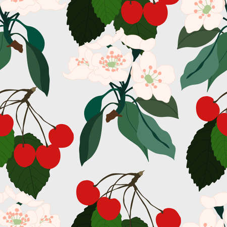 seamless pattern design with cherries and cherry blossomのイラスト素材