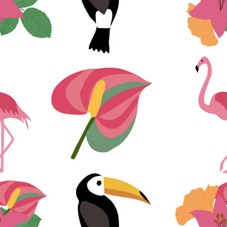 tropical flower and tropical parotts, in a vector seamless patternのイラスト素材