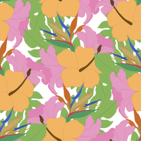 Colorful vector tropical orange flowers, in a vector seamless patternのイラスト素材