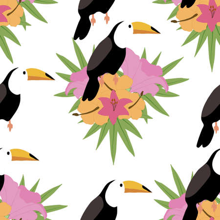 tropical flowers and tropical birds in a seamless patternのイラスト素材