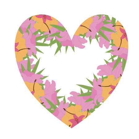 pink and yellow vector tropical heart shape frame for wedding invitationsのイラスト素材