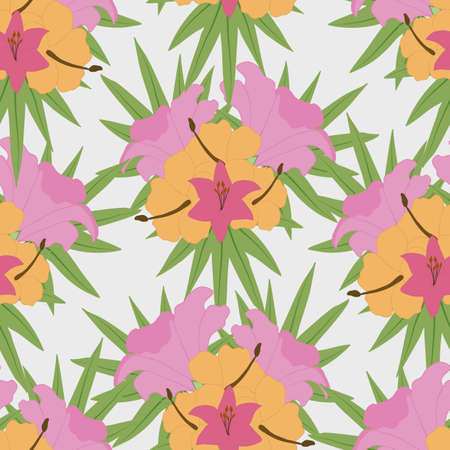 colorful tropical vector flowers in a seamless pattern designのイラスト素材