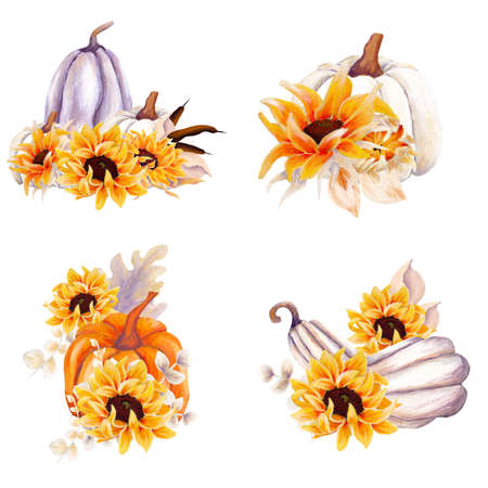 Watercolor hand painted pumpkin compositions, perfect to use on the web or in printの写真素材