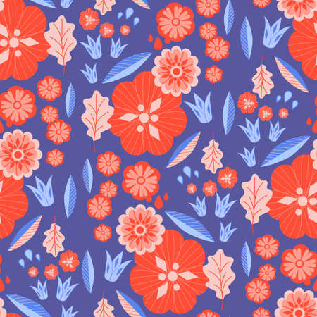Colorful vector flowers in a seamless pattern design, perfect to use on the web or in printのイラスト素材