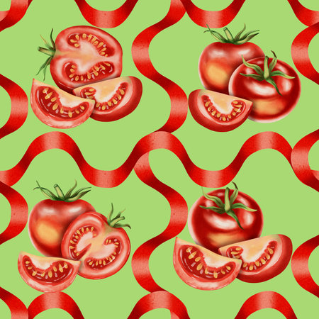 Seamless watercolor pattern with fresh red tomatoes on a white background. Watercolor tomatoes. This hand-drawn botanical pattern is perfect for fabric, packaging and kitchen decorの写真素材