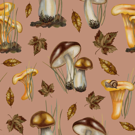 Hand-painted watercolor seamless pattern with chanterelle mushrooms, boletes, autumn leaves, and snails. Great for textile and seasonal design projects.の写真素材