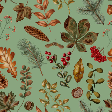 Seamless watercolor pattern of autumn leaves, berries, pine needles, and branches. Autumn still life. Children's illustration. Suitable for books, packaging, cards, and children'sの写真素材