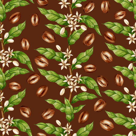 Watercolor seamless pattern featuring coffee tree branches, white flowers, and brown beans. Ideal for cafe menus, coffee shop branding, packaging, and textile design.の写真素材