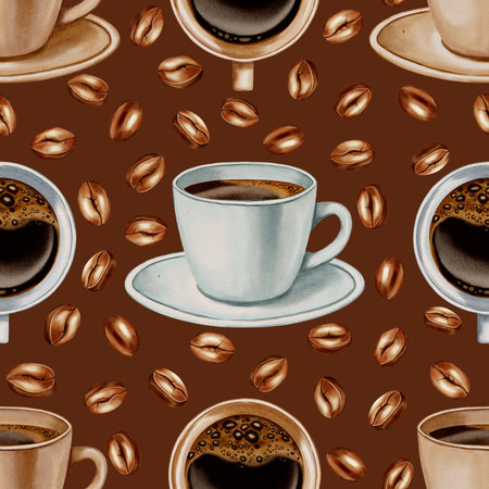A seamless watercolor pattern featuring pastel coffee cups and roasted coffee beans. Perfect for coffee shop branding, menus, packaging, and textile prints.の写真素材