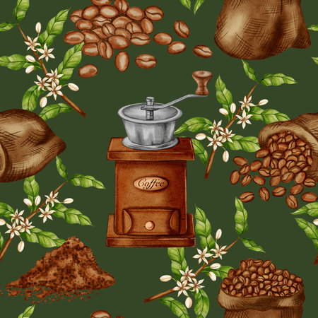 Hand painted watercolor seamless pattern with vintage coffee grinder, jute sacks, beans, and coffee flowers. Great for cafe, shop, menu, and product packaging design.の写真素材