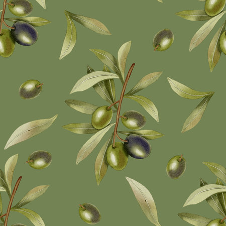 Green Olives. A seamless watercolor pattern with hand-drawn green olives, olive branches, and leaves. Food illustration. Perfect for fabric, packaging, and design.の写真素材